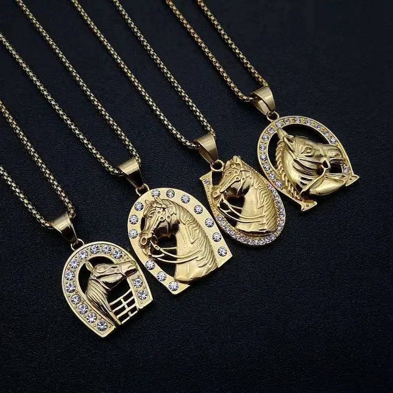 Gold Plated Diamond Animal Pendant Fashion Jewelry Hiphop U Shape Horse Head Pendant Stainless Steel Necklace for Women Men
