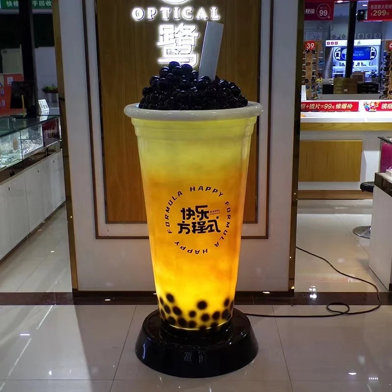 Bar Coffee Ornaments Large Resin Crafts Cartoon Milk Tea Statue Lighting Fiberglass Bubble Tea Sculpture