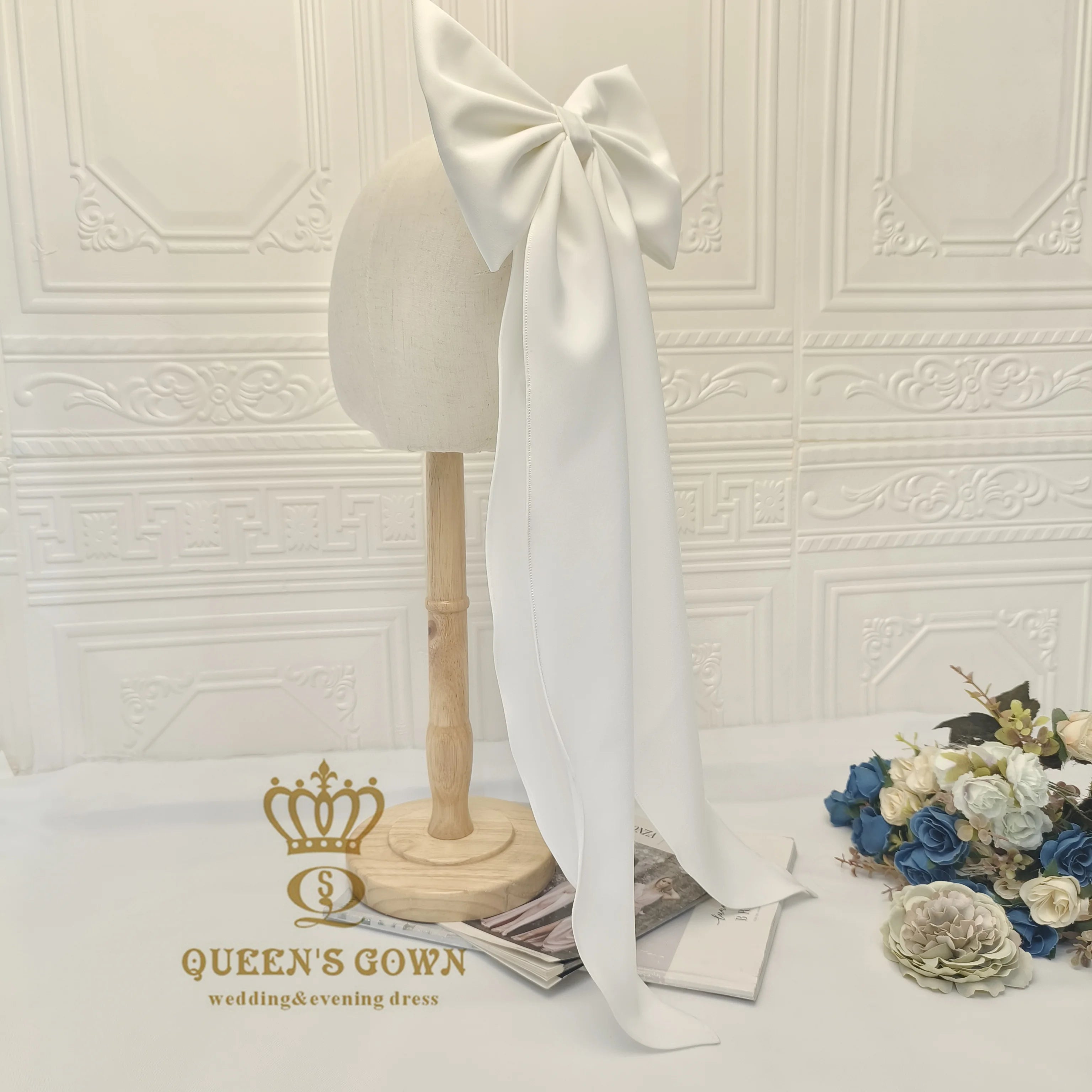 QUEENS GOWN Plain Crepe Bow Short Bridal Veil Simple Elegant Wedding Accessories for Wedding