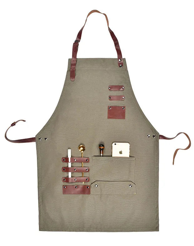 Korean Cotton Bib Leather Apron for Coffee Shop Dry Wet Oil Wax Tools Dyed Canvas for Wax Embroidery Gilded Logo