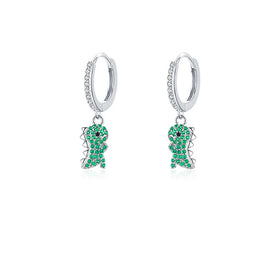 Sweet Korean Style 925 Sterling Silver Emerald Green Animal Dinosaur Pendant Hoop Earrings for Wedding Party or Gift