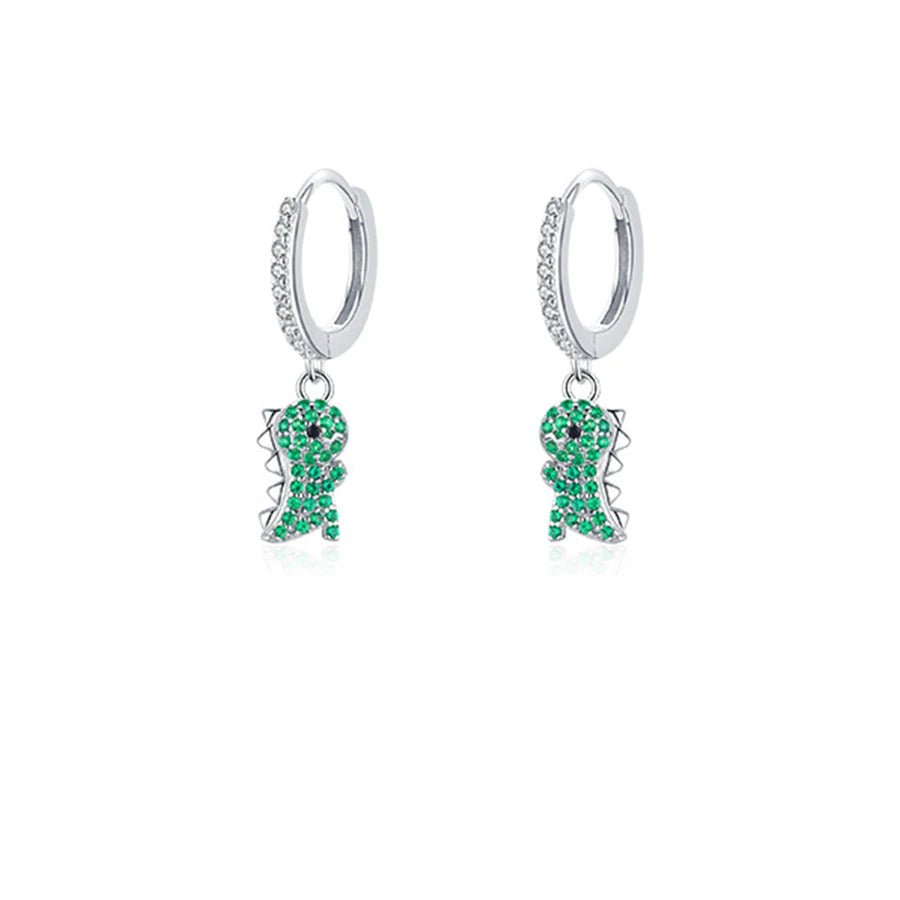 Sweet Korean Style 925 Sterling Silver Emerald Green Animal Dinosaur Pendant Hoop Earrings for Wedding Party or Gift