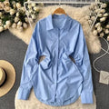 One Size Spring Retro Waistband Design Medium Length Long Sleeved Shirt Solid Color Top With a Lapel Shirt