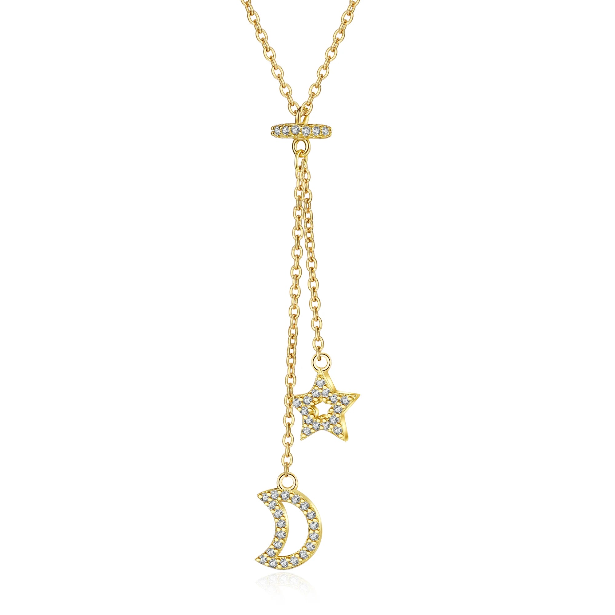 Fashion Jewelry Simple Design Star Moon Necklace Sterling Silver 18K Gold Plated Tassel Necklace