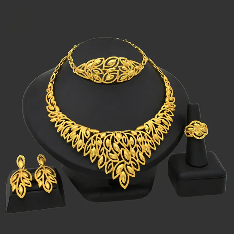 Dubai Fine Set for Women Pure Gold Plated Stainless Steel Wedding Religious Necklace Bracelet-Fashionable Choker Shield