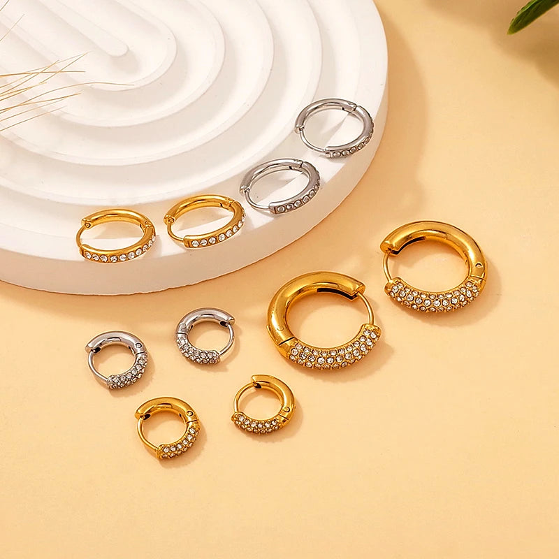 Vintage Luxury Custom Stainless Steel Jewelry Wholesale Bulk Gold Plated CZ Zircon Diamond Circle Huggie Hoop Earrings for Women