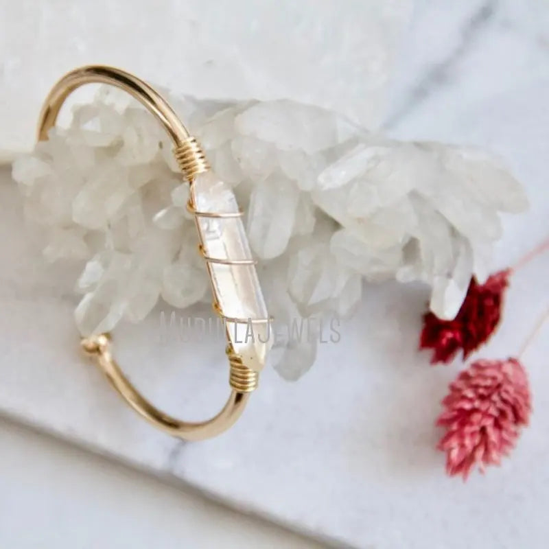 BM39907 Crystal Cuff Bangle Bracelet Cuff Bangle Bracelet Gold Crystal Gold Quartz Crystal Wire Wrapped Bracelet Gold