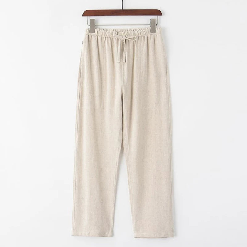Customized Mens Casual Linen Pants Loose Solid Color Lightweight Elasticated Waist Straight Leg Linen Trousers
