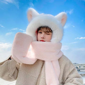 Fuzzy Animal Ear Hat Scarf Set in Multiple Colors Winter Hoodie Hat Scarf Gloves Set