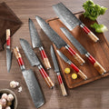 9Pcs Knife Set Damascus Kitchen Knife 67 Layers Damascus Steel with Red Resin Wood Handle Factory Wholesale