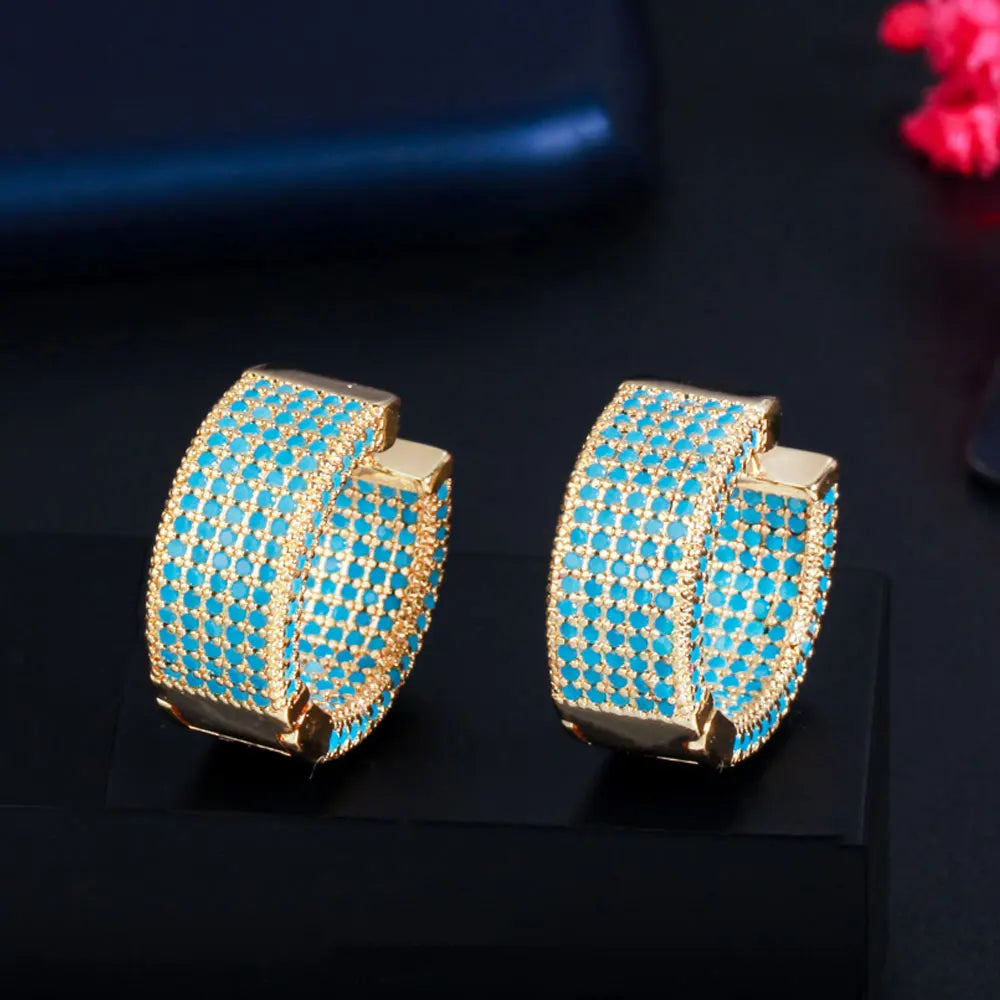 Fashion Jewelry Full Blue Cubic Zirconia Crystal Pave Luxury 18k Gold Plated Circle Round Wide Hoop Earrings for Women Gifts