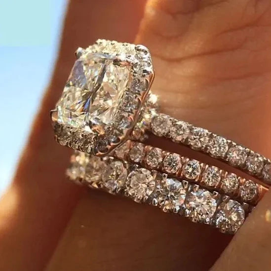 CAOSHI Custom Luxury 3Pcs Sets Couple Rings for Geometry Design Crystal Cubic Zirconia Silver Plated CZ Rings Jewelry for Women