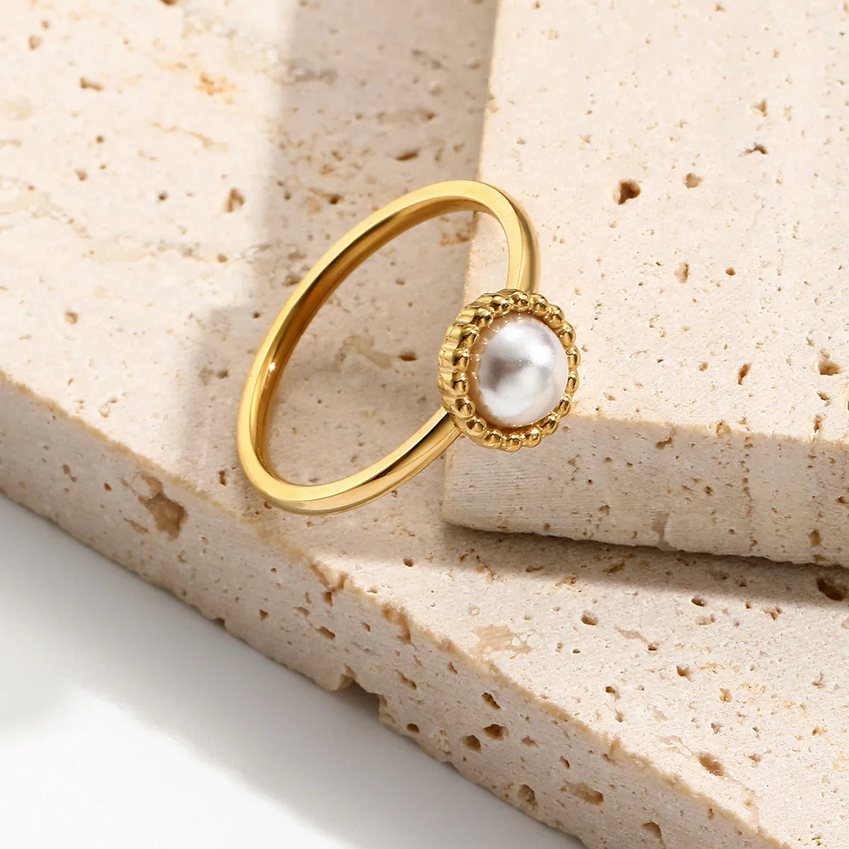 Waterproof 18K PVD Gold Plated Elegant Irregular Pearl Rings Stainless Steel Women Rings Tarnish Free Jewelry Minimalist