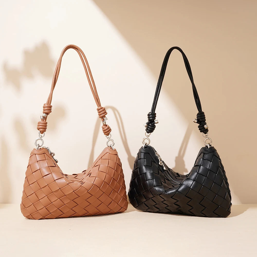Genuine Leather Woven Hobo Bag Vintage Soft Cowhide Crossbody Hobo Purse for Women Luxury Minimalist Split Cowhide Knotted Strap