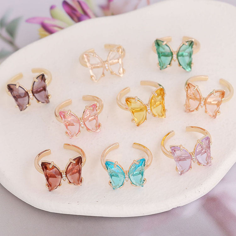 Women Trendy Dainty Ins Glass Colorful Butterflies Rings Fashion Jewelry Cuff Open Adjustable Gradient Butterfly Ring