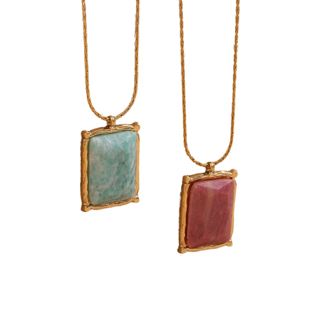 European American 18K Gold-Plated Stainless Steel Rectangular Natural Stone Pendant Necklace for Women Versatile Fashion Jewelry