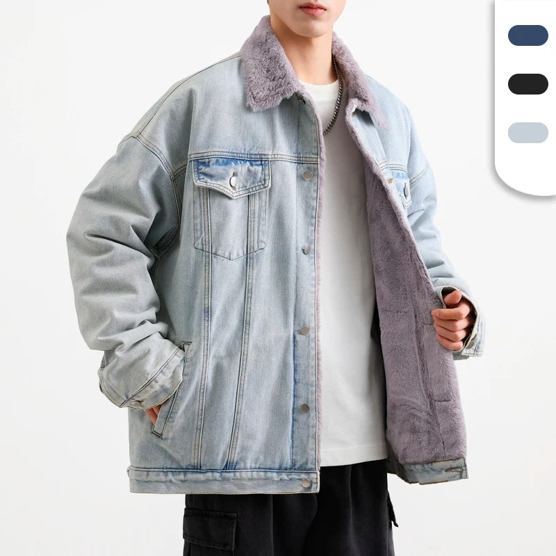 Drop Shipping Denim Jacket Men Winter Plush Warm Crop Top Outer Wearing Jean Jackets Thick Denim Jackets