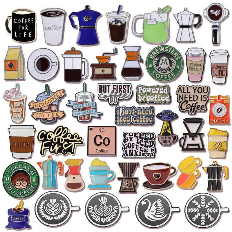 HOT Sale Funny Badges Coffee Slogon Series UV Printed Enamel Pins Flat Coffee Bean Grinder Metal Art Collectible Angel Cross