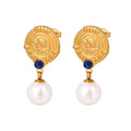 Fashion 18K Gold Plated Simple Gold Plated Glass Pearl Beads Earrings Lapis Stone Drop Hoop Earrings Jewelry Women