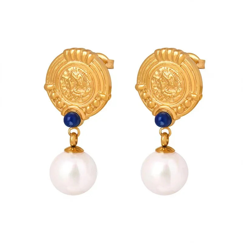 Fashion 18K Gold Plated Simple Gold Plated Glass Pearl Beads Earrings Lapis Stone Drop Hoop Earrings Jewelry Women