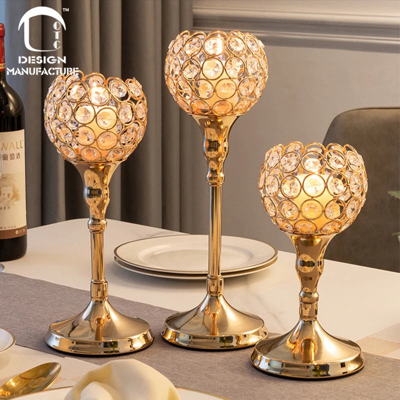 Holiday Elegant Handcrafted Gold Crystal Pillar Candle Holders with Metal Cup for Wedding Parties