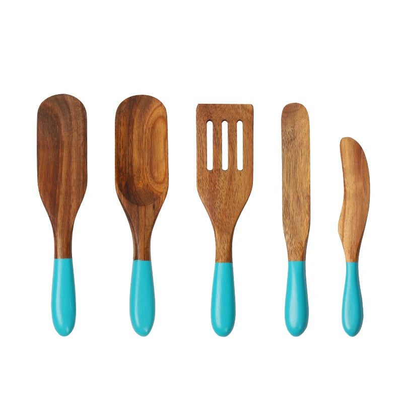 5 Pcs Kitchen Acacia Wood Spurtle Set Serving Baking Mixing Whisking Smashing Scooping Spreading Spoons Cooking Utensil Tool