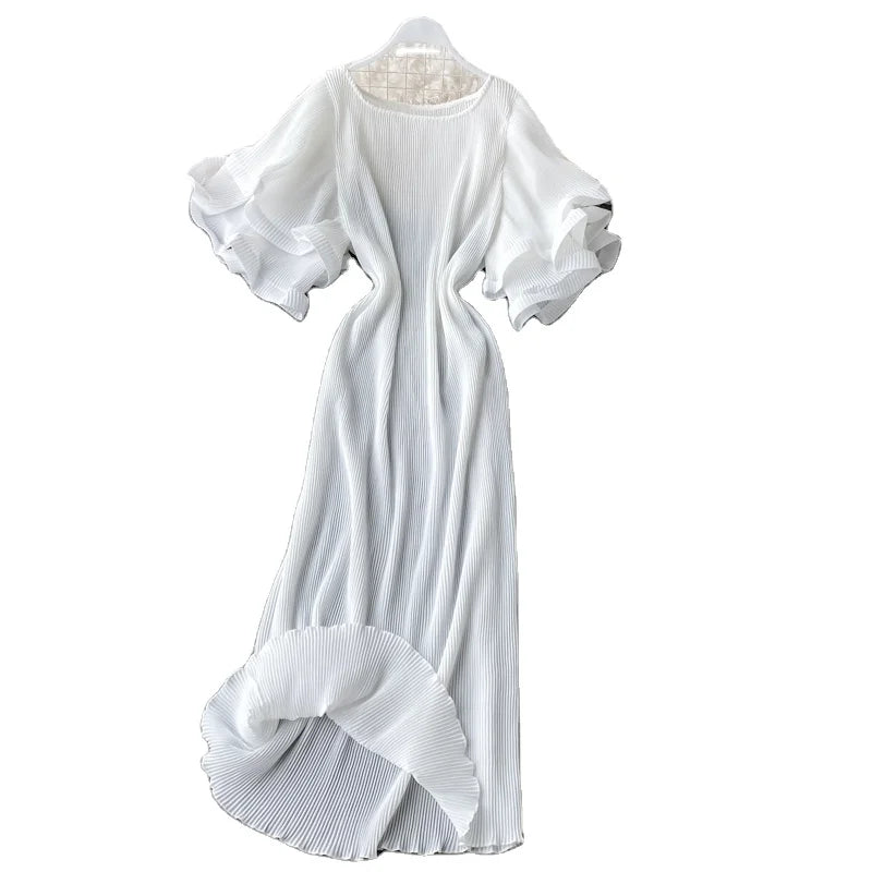 Solid Color Loose Ladies Pleated Dress Summer New Fashion Chic Dresses Female Double Layer Butterfly Sleeve Fashion Evening Part