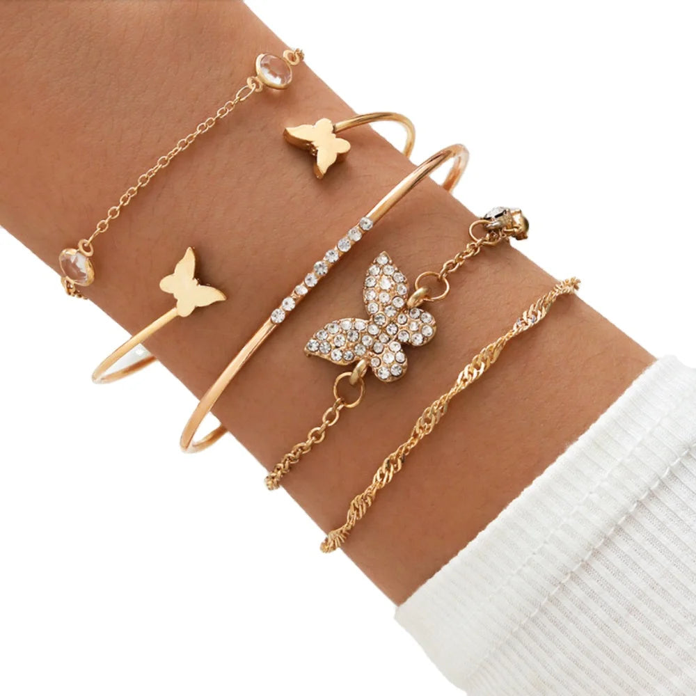 Bohemian Bracelet Simple Gold Butterfly Jewelry Bracelet Women Open Diamond Crystal 5-Piece Bracelet Sets