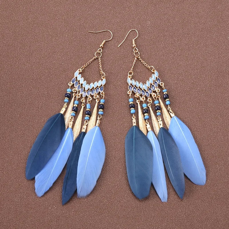 Popular Women's Gold Plated Bohemian Feather Drop Earrings Ethnic Holiday Style Long Feather Pendant