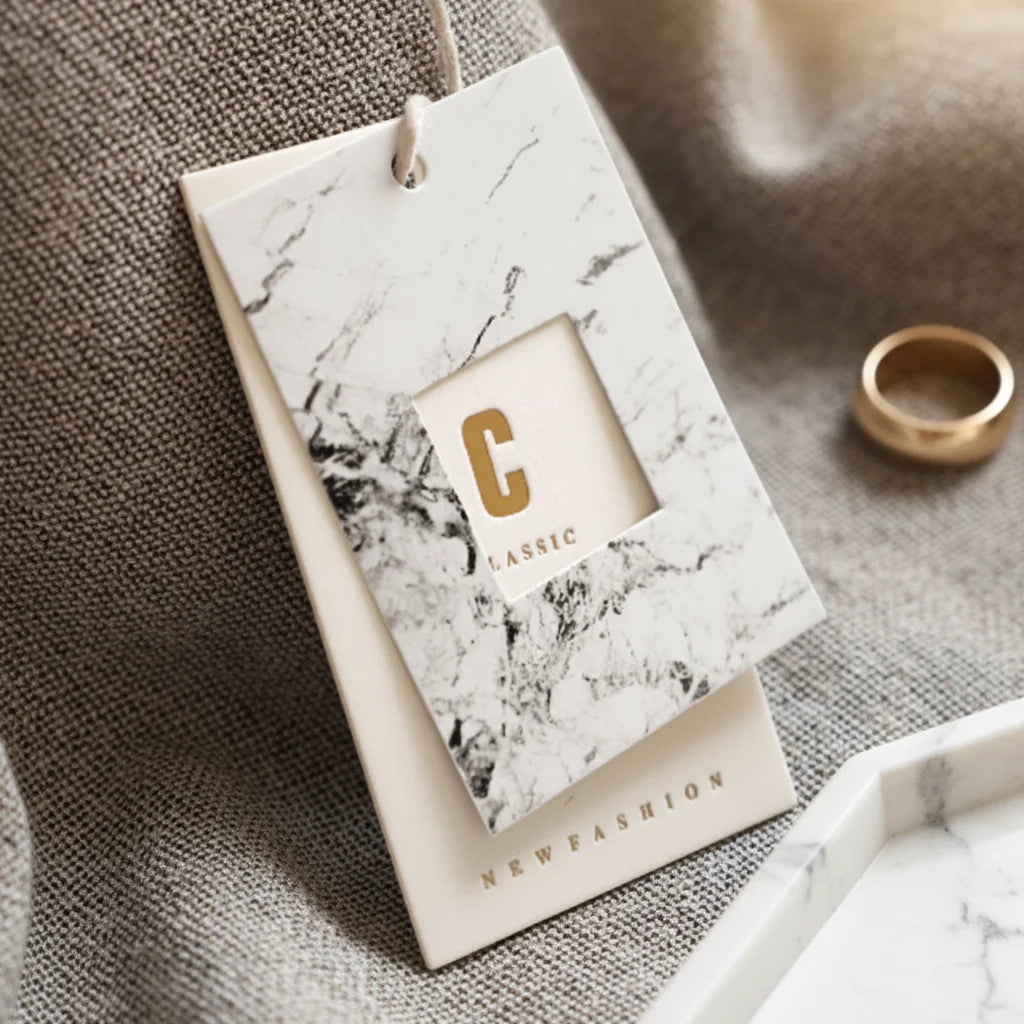 Custom Vintage Swing Clothing Hangtag with Hot Stamping Design Paper/Cardboard Price Tag for Jeans String Attachment Included