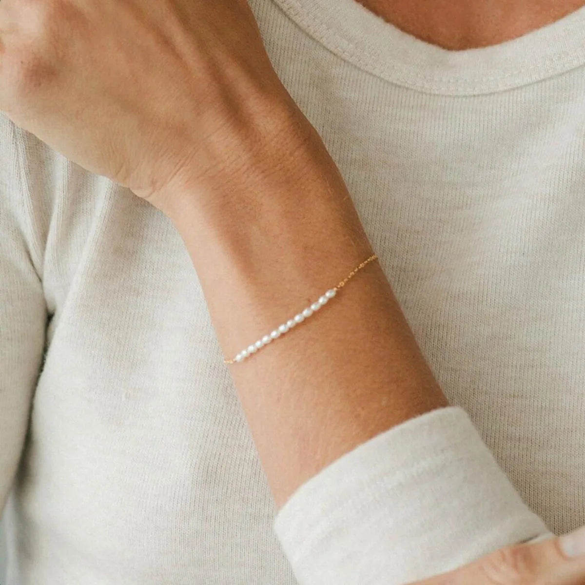 18K Gold Plated Stainless Steel Simple Dainty Pearl Bracelet Women