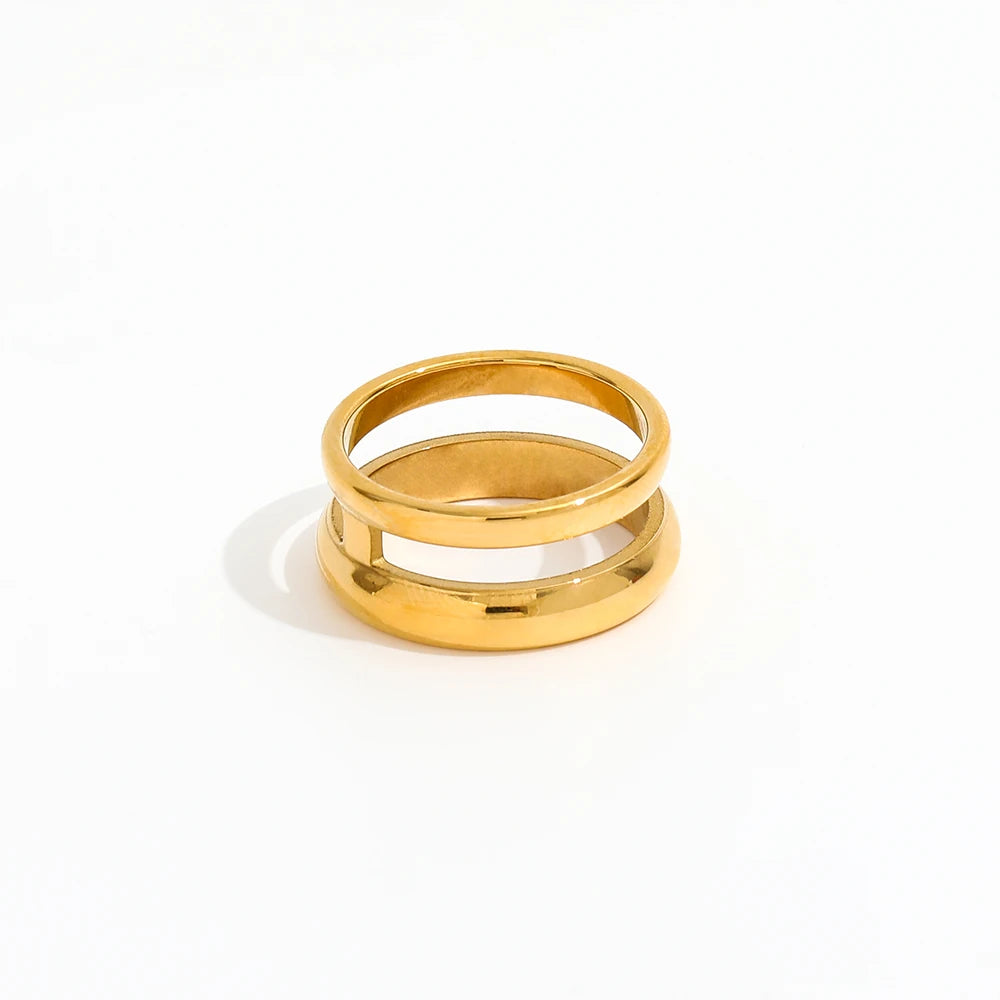 High End 18K Plain Gold Simple 2 Layer Rings Stainless Steel Trendy Simple Gold Plated Jewelry