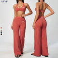 LOGO Customized New Fashion Women Workout Wide Leg Pants Sets Halter Sports Bra Running Athleisure Suit MegaBDM
