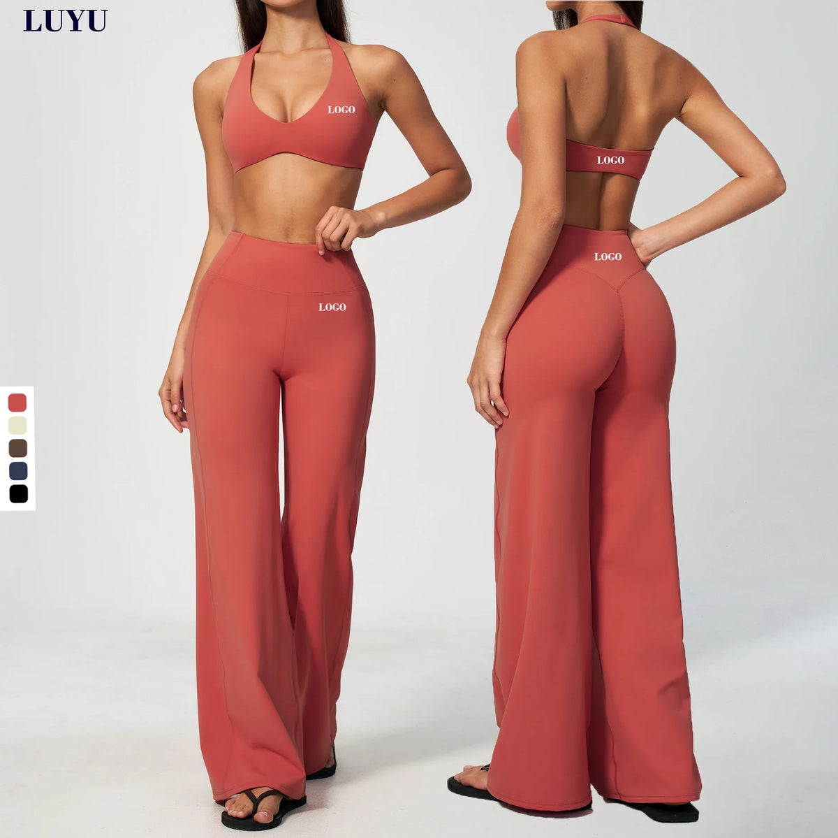 LOGO Customized New Fashion Women Workout Wide Leg Pants Sets Halter Sports Bra Running Athleisure Suit MegaBDM