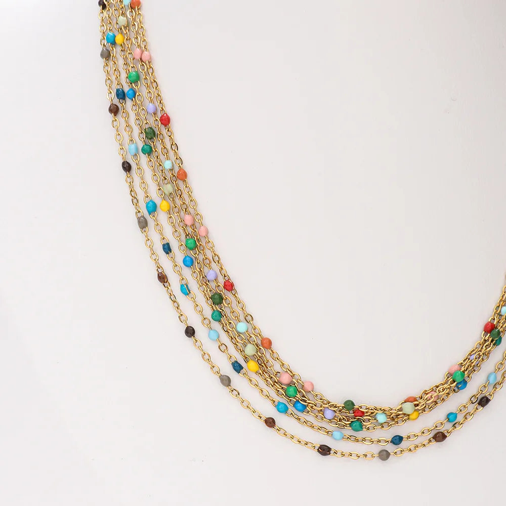 Dainty 18K Gold Plated Stainless Steel Resin Enamel Drop Seed Beads Layering Necklaces