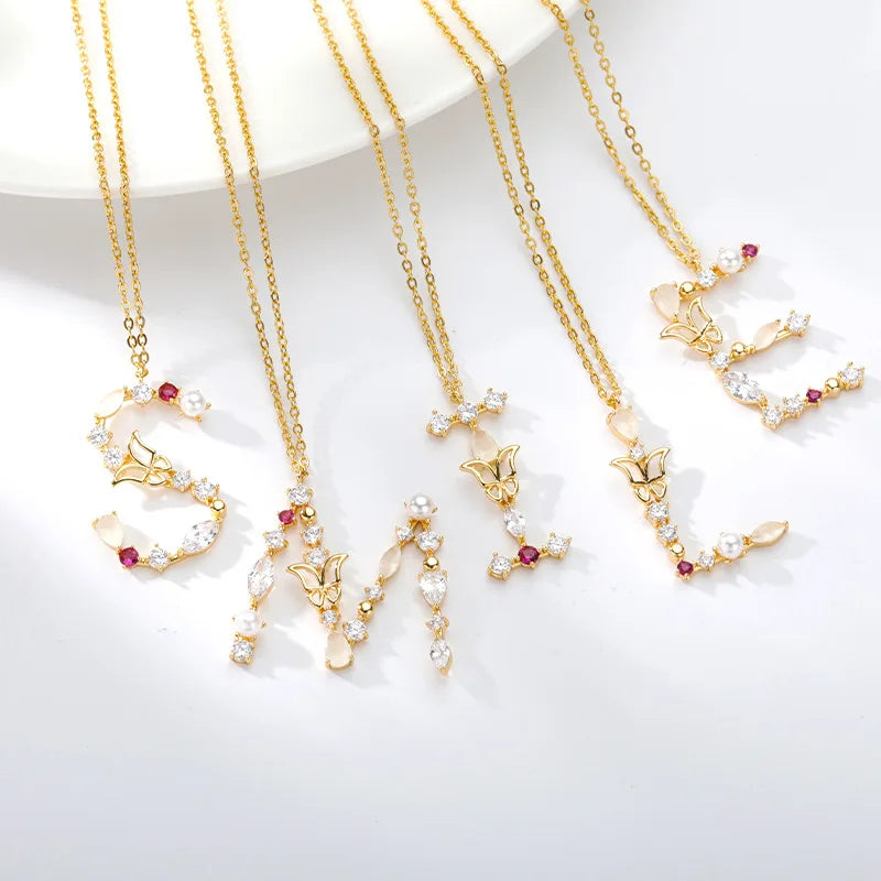 Wholesale Alphabet Colorful Cubic Zirconia Diamond Butterfly Letter Initial Necklace for Women Birthday Gifts