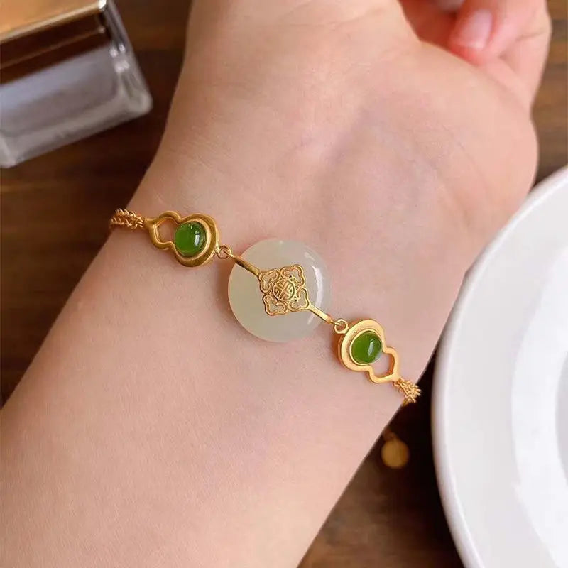 Gold Plated Bracelets Retro Chinese Style Classic Palace Classical Fu Character Hetian Jade Vietnamese Sand Gold Bracelet Gemsto