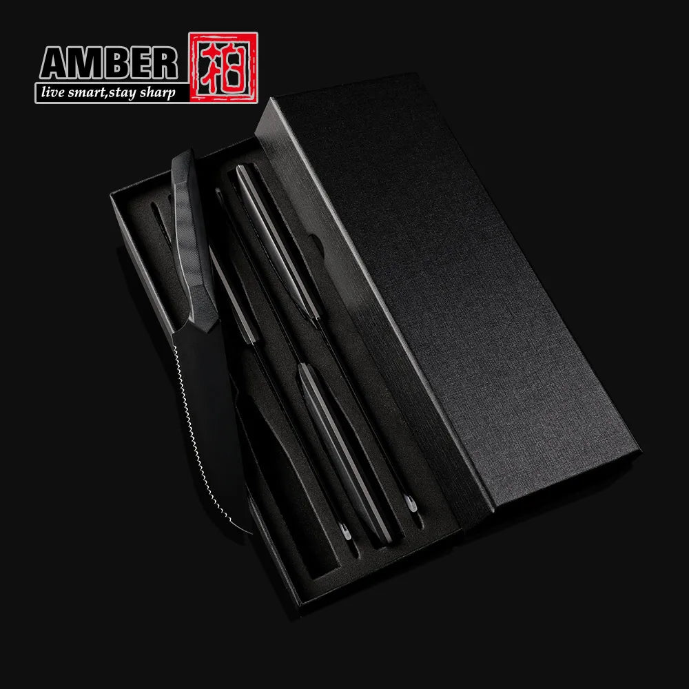 Amber Custom Logo 4pcs Black DLC Titanium Black 440C High Carbon Steel Steak Knives Set with G10 Handle