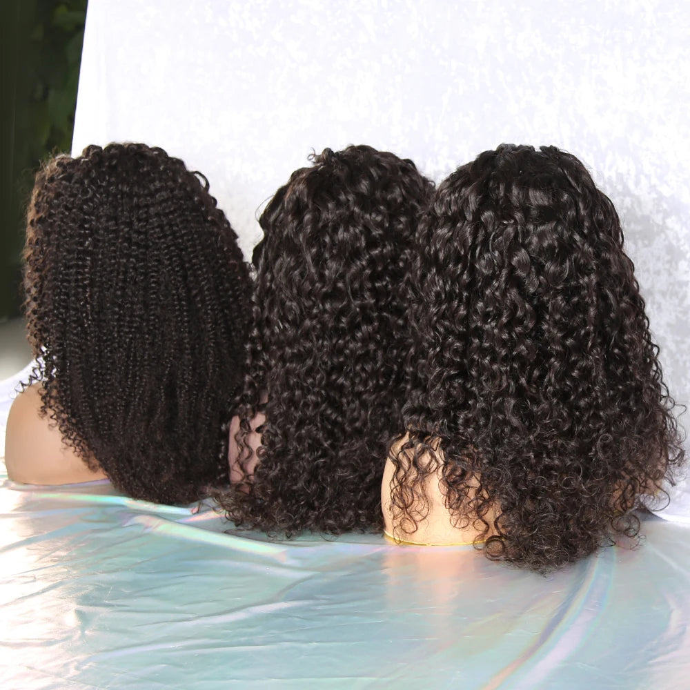 XYS 13X4 Natural Black Color Pre Plucked Raw Virgin Human Hair Water Italian Wave Deep Curly Transparent Frontal Lace Wig