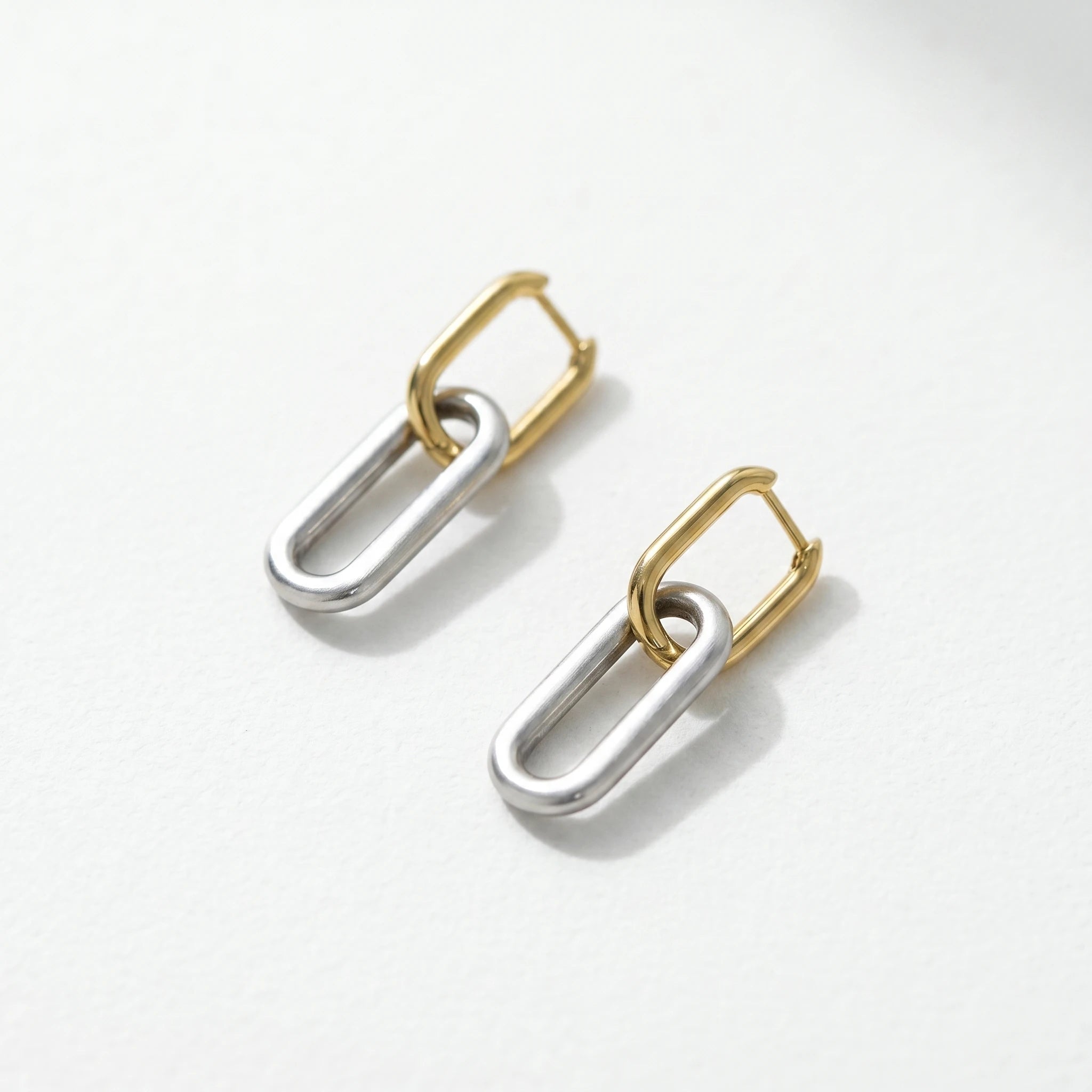 QIAOREN 12524 Modern Interlocking Rectangular Hoop Earrings Silver Stainless Steel Bold Link Dangle Jewelry US EU