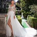 Bridal Simple Photography Ball Gown Long Sleeve Backless High Slit Open Leg Small Trailing Applique Flower Draped Wedding Dress