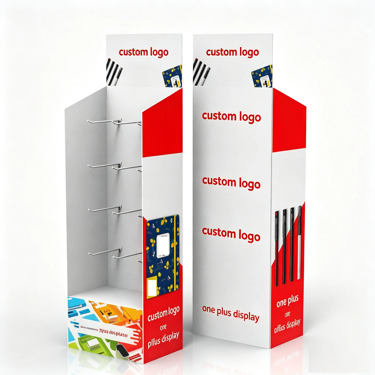 Custom Printed Corrugated Cardboard Floor Display Stand with Hooks Retail POP Paper Display Rack for Stationery Office Supplies MegaBDM