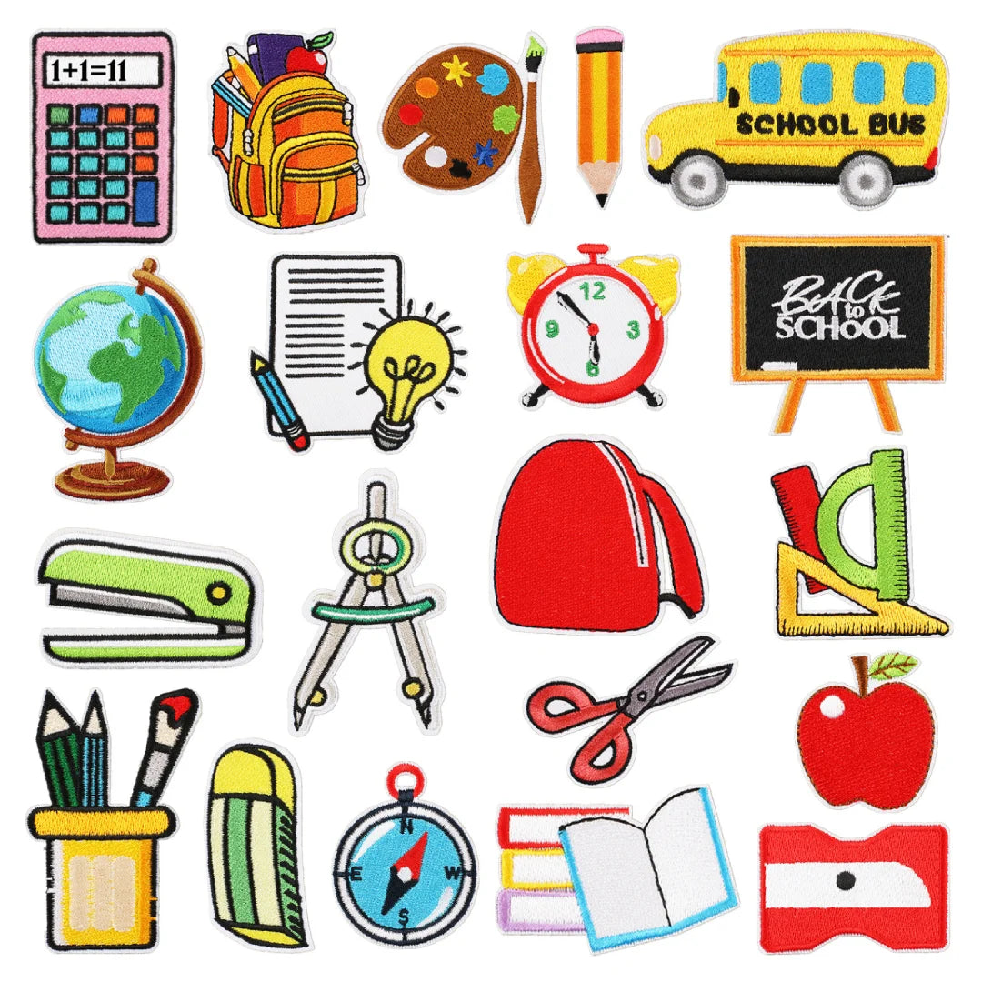 Iron on Embroidered Learning Tools School Bag  Ruler Calculator Book Patches for Student Clothes Bag Decoration