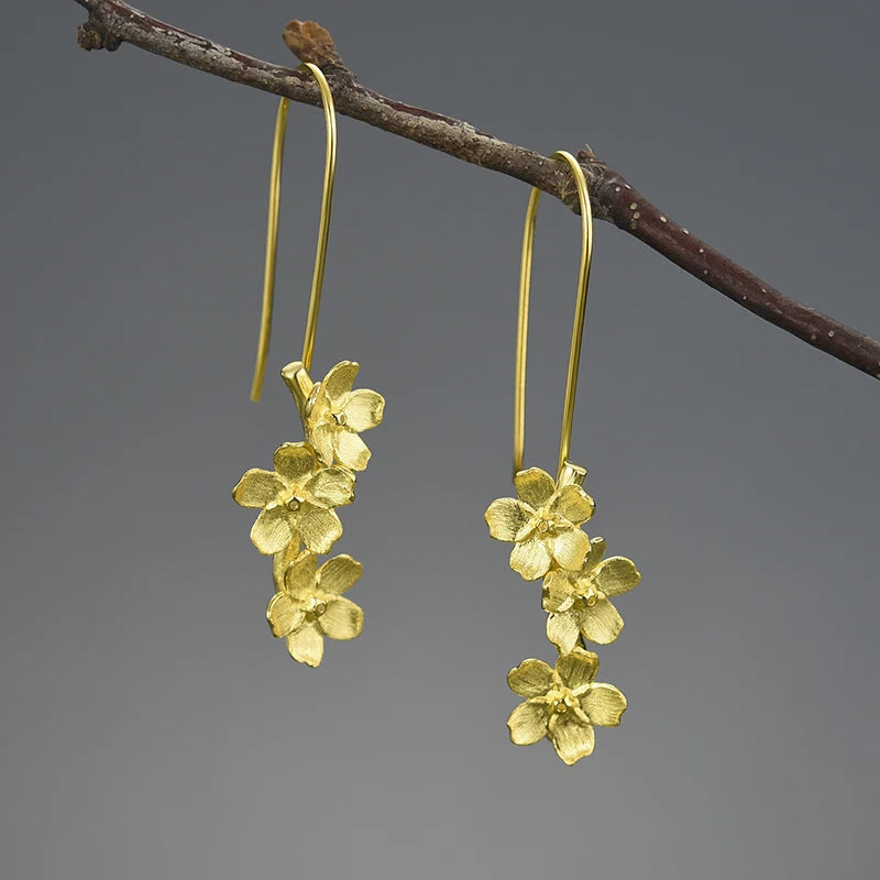 Lotus Fun Handmade Wholesale Forget-me-not Flower Dangle Earrings 925 Sterling Silver 18k Gold Plated Women Luxury Fine Jewelry
