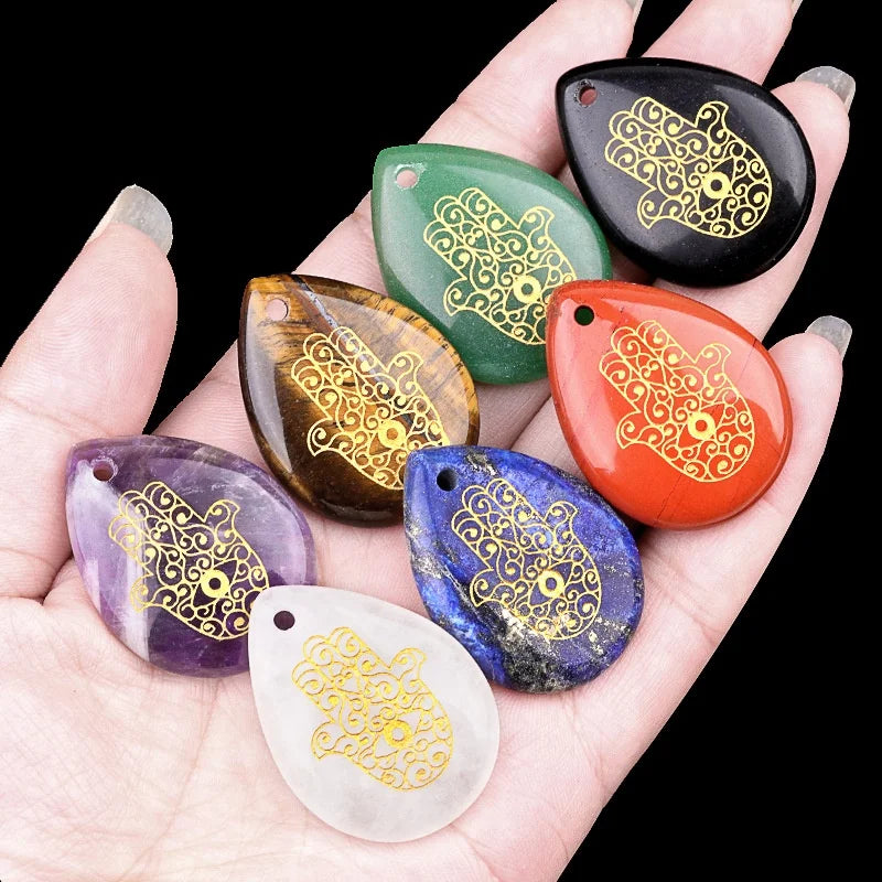 Natural Stone DIY Necklace Pendant 33x25mm Water Drop Carved Palm Fatima Hand Pattern Fashionable Jewelry Making Accessories
