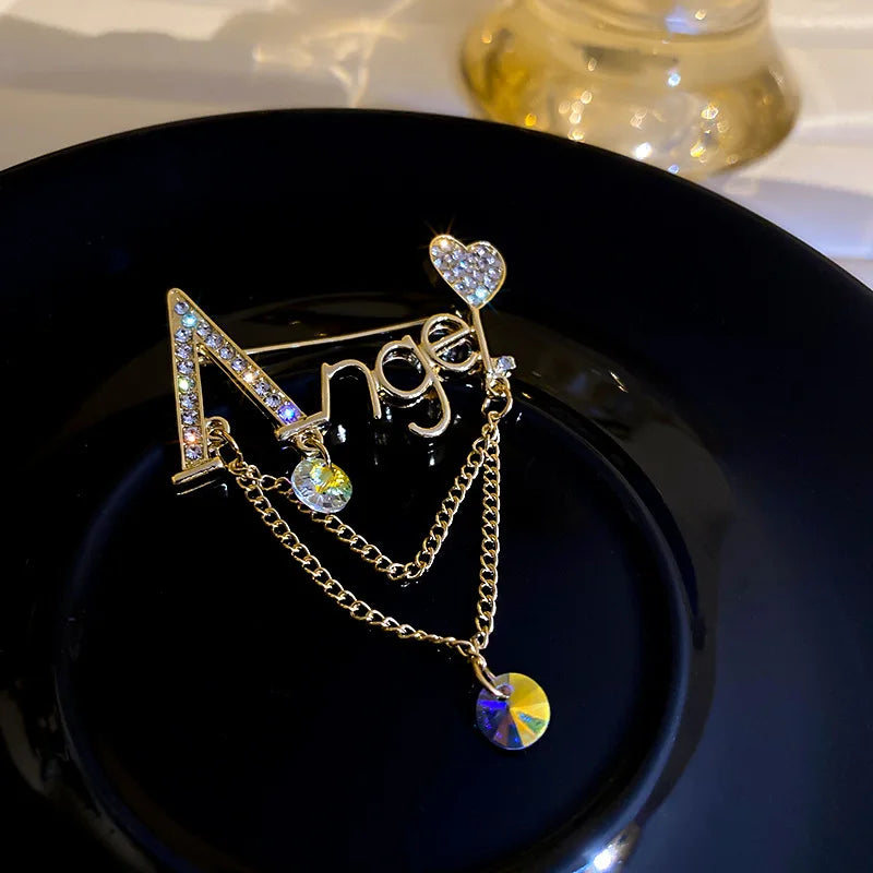 Trendy Luxury Crystal Rhinestone Letter Tassel Brooches Fashion Clothing Accessories Simple Angel Brooches Scarf Pins