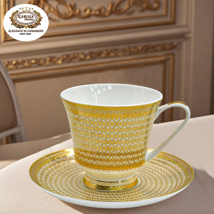 2pcs Elegant Exquisite Royal Ceramic 24K Gold Embossed Tea & Coffee Cups Saucers 9oz 280ml/cc Classic Design Luxury  Set/Sets