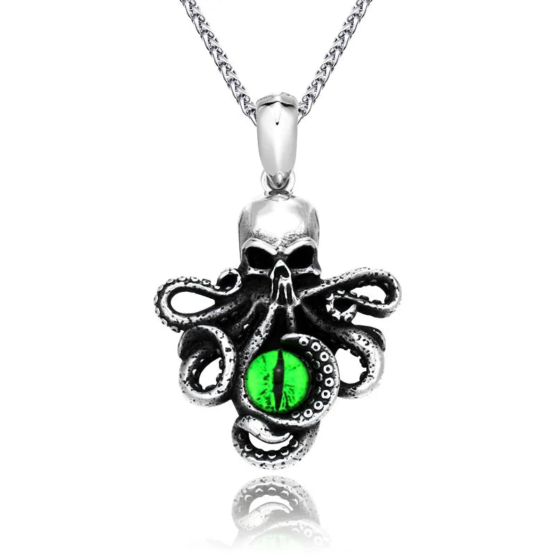 SS8-557P 2023 Skull Octopus Pendant Green Demon Eye Personality Necklace Punk Style Locomotive Party Jewelry
