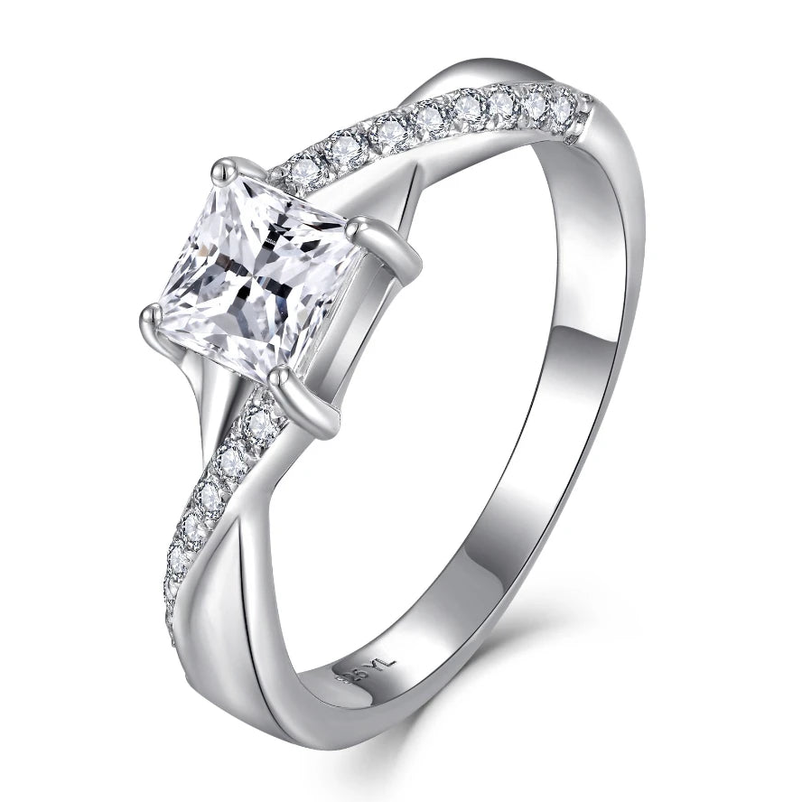Luxury Engagement Wedding Anniversary Jewelry 925 Sterling Silver Princess Cut Zircon Ring Twisted Band Design Party