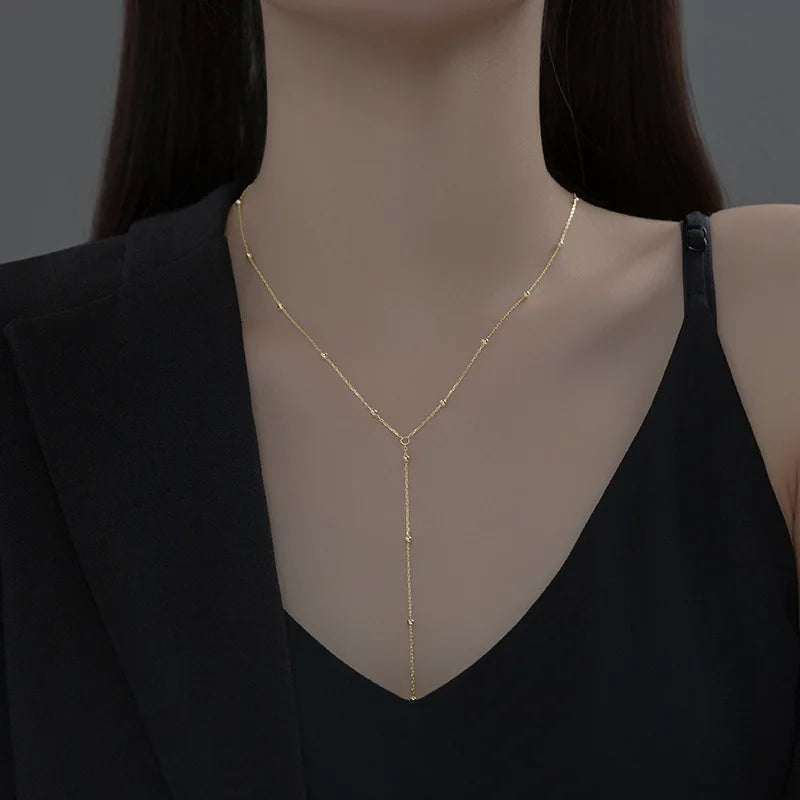 Korean Version Jewelry 925 Sterling Silver Y-shape Small Round Bead Long Tassel Chain Gold Plated Necklace Jewelry for Women